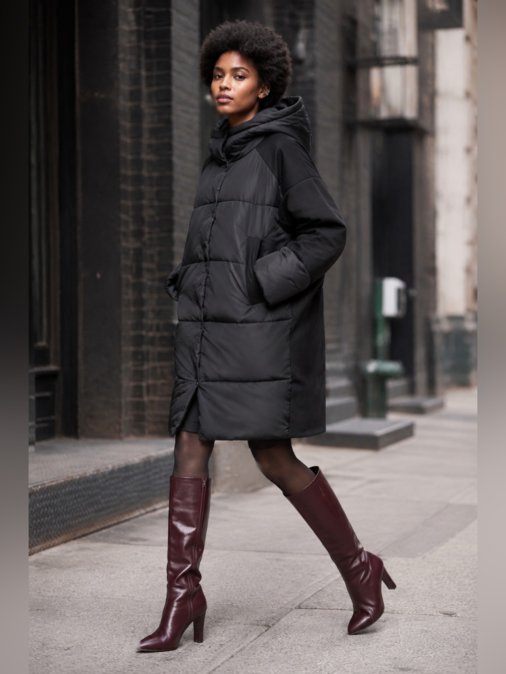 Apricot Black Mixed Media Oversized Hooded Long Puffer Coat Size 4